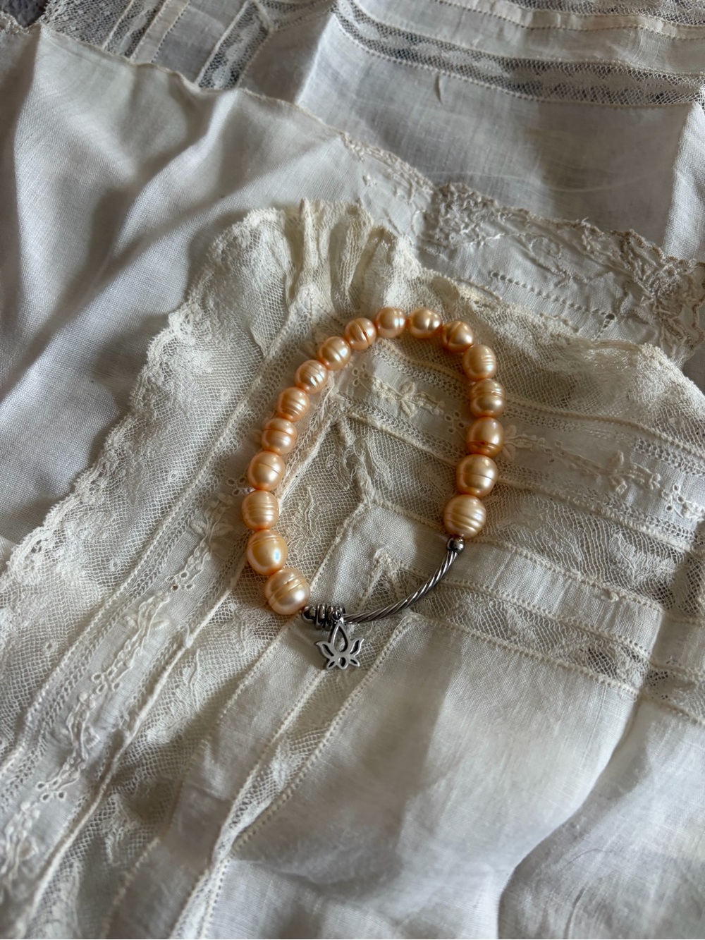 Honora Peach Colored Freshwater Pearl Bracelet with Lotus Flower Charm